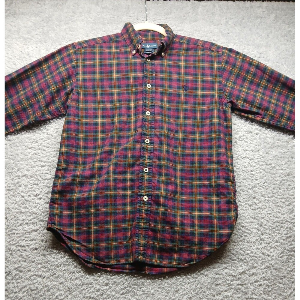 Ralph Lauren Boys Red Plaid Button Up Shirt Size 10-12 Classic Holiday Preppy